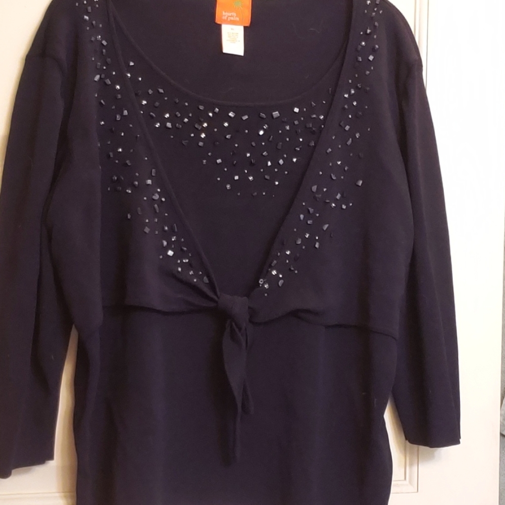 Hearts of Palm Womans Navy Blue Beaded Knit Tunic W/ Faux Coverlet Detail